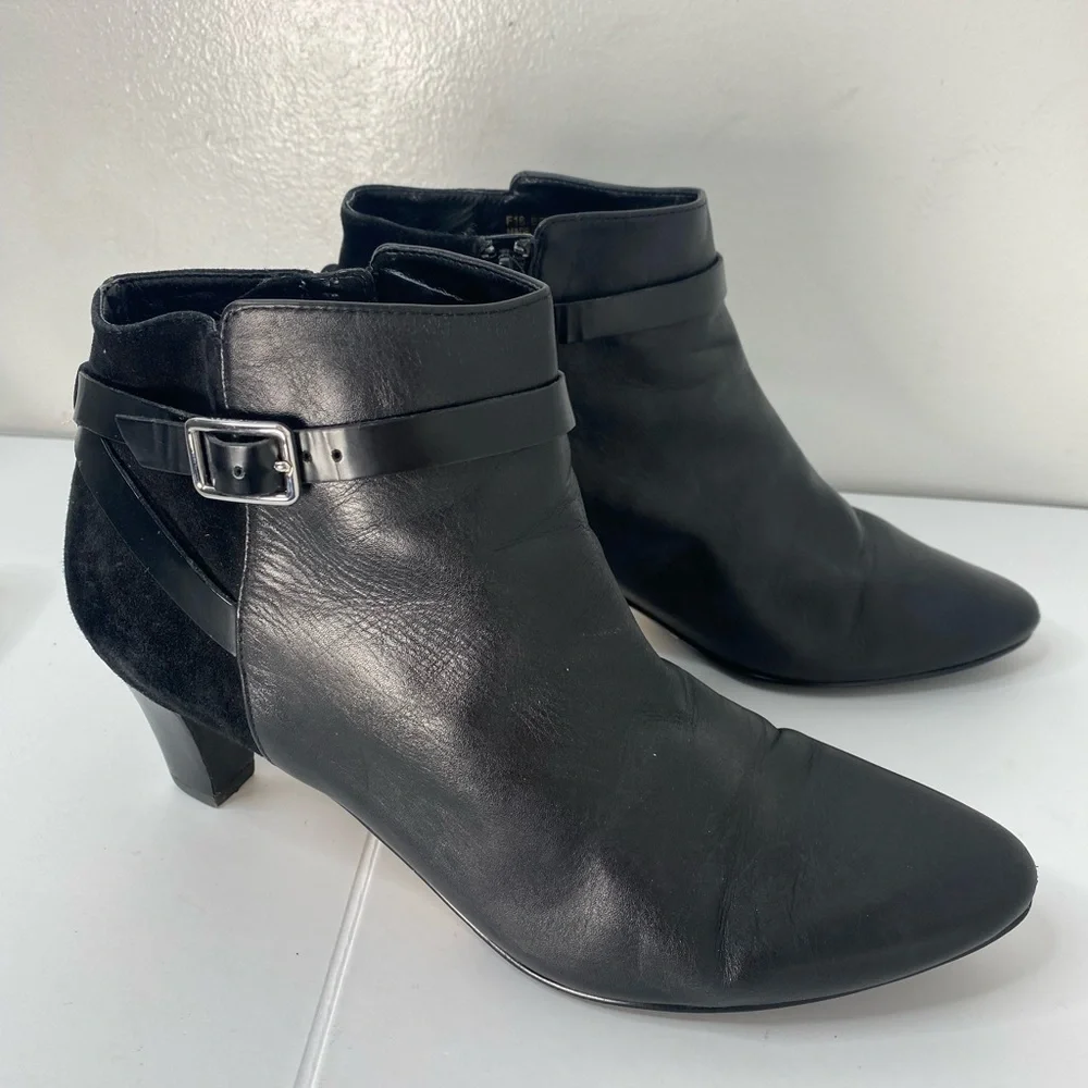 Cole Haan Sylvan Black Leather Suede Ankle Booties w Buckled Belt Hardware